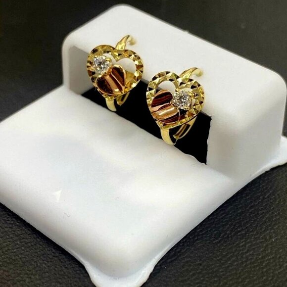 Heart CZ Two Tone Huggies Hoop Earrings for Womens Girls 14K Yellow Gold 11x11mm